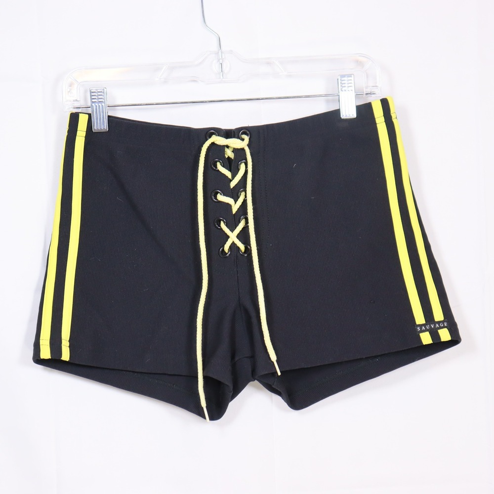Sauvage Swim Trunks Mens L‎ Black Yellow Lace Up Side Stripe Waist